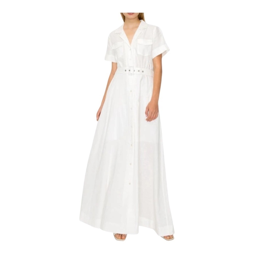 White Buttoned Tie Front Maxi Dress with V-Neck